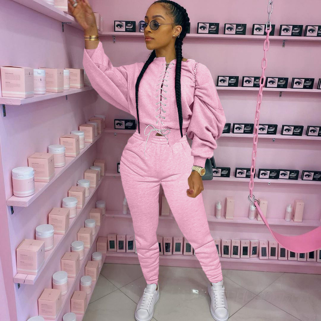 2021 Drop Shipping Winter Clothes for Women 2 Piece Outfit Hoodies Puff Sleeve Two Piece Set Bandage Fall Clothing For Women