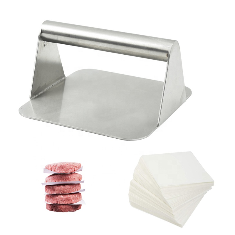 kitchen manual handheld rectangle shape stainless steel smashed burger patty press maker with hamburger pattie paper
