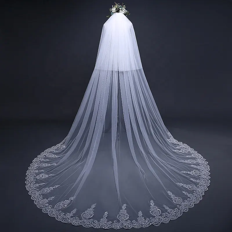 European and American Trailing Wedding Dress Accessories Bridal Veil White Rice White Lace Sequin Lace 3M Veil