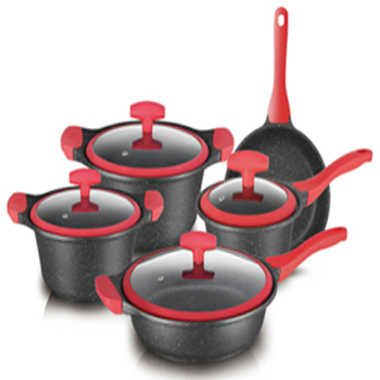 9pcs Glass lid with silicon ring stone effect non-stick aluminum pan cookware set