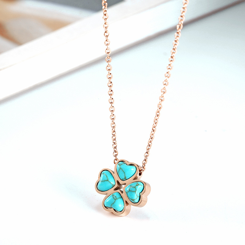 Summer Fashion Beach Bikini Jewelry,Turquoise Clover Stainless Steel Rose Gold Necklace