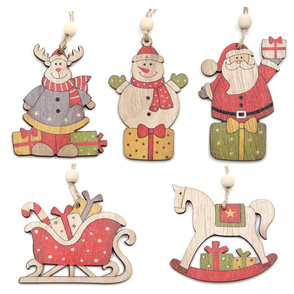 5PCS Christmas Ornaments Wooden Hanging Pendant Christmas Decorations For Home Tree Decor Kids Gift Crafts