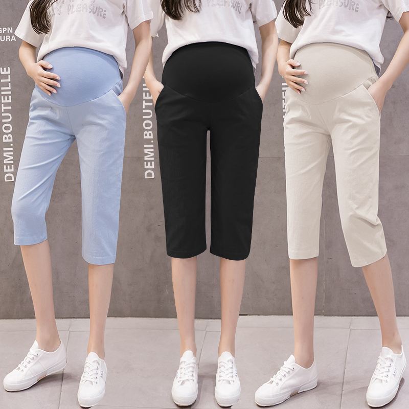 Summer Fashion Cotton And Linen Pregnant Women Empire Pants Mid-Calf Maternity Belly Trousers Office Lady Elegant Capris