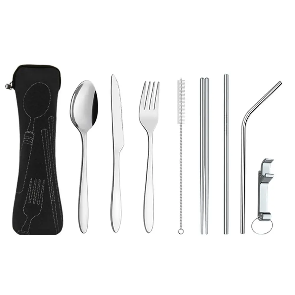 Wholesale cheap tableware chopsticks straws spoon fork knife stainless steel portable travel cutlery set with case
