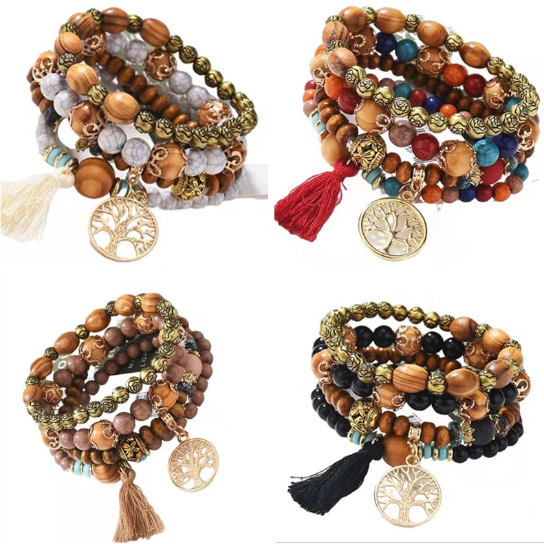 3 Layers Hand String Howlite Wooden Beads Multilayer Winding Tassels Bohemia Charm Tree of Life Bracelet for Women