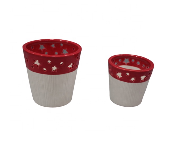 Wholesale Hand painted Colored Cutout White And Red cylinder shaped Ceramic Candle Holders For Birthday