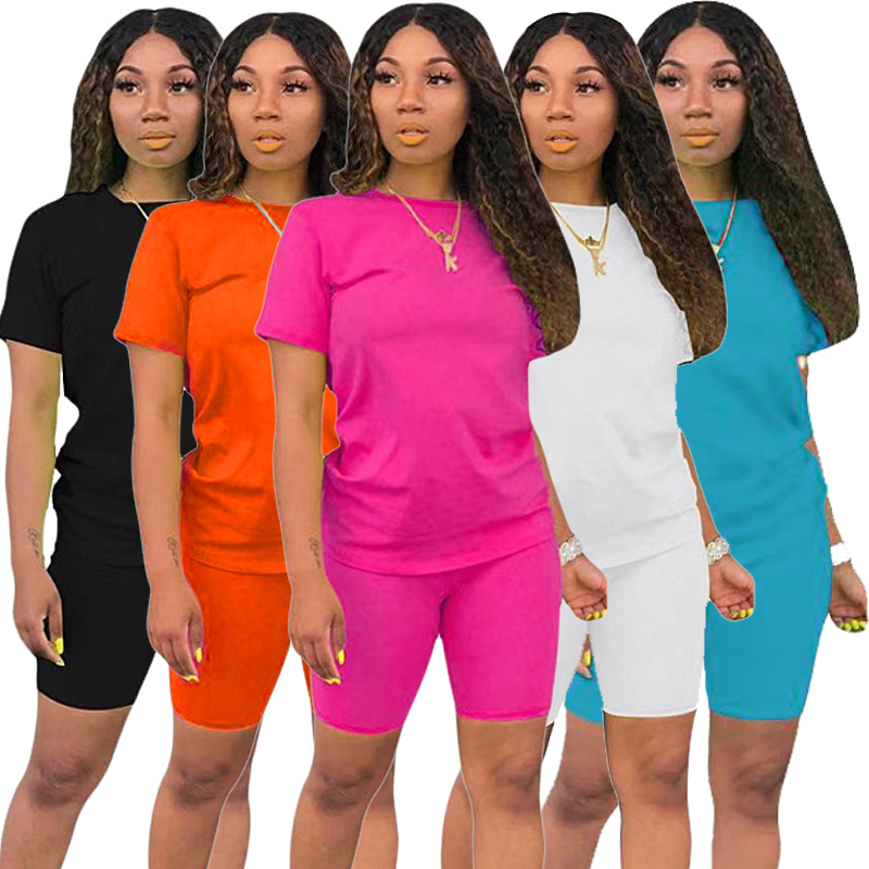 16 Colors Plus Size Cotton Shirts Women T-Shirts And Tops Gym Biker Shorts Set Womens 2 Piece Shorts Set Shirts For Women