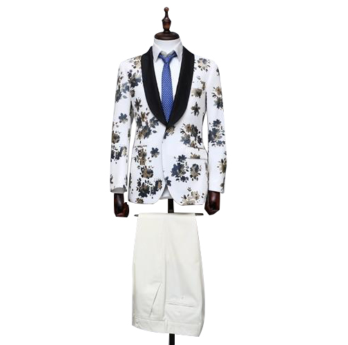 New design satin shawl lapel flower print fabric white coat blazer men suit young gentlemenlike jaket