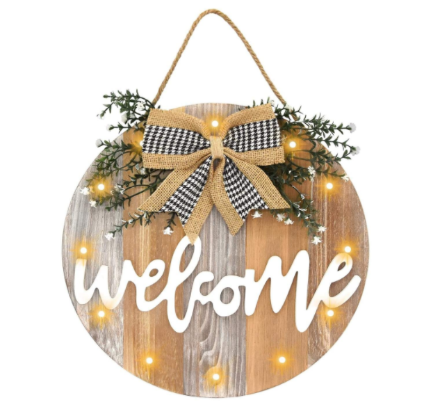 Led Wood Welcome Hanging Sign Front Door Decor Sign with 12 LED Lights