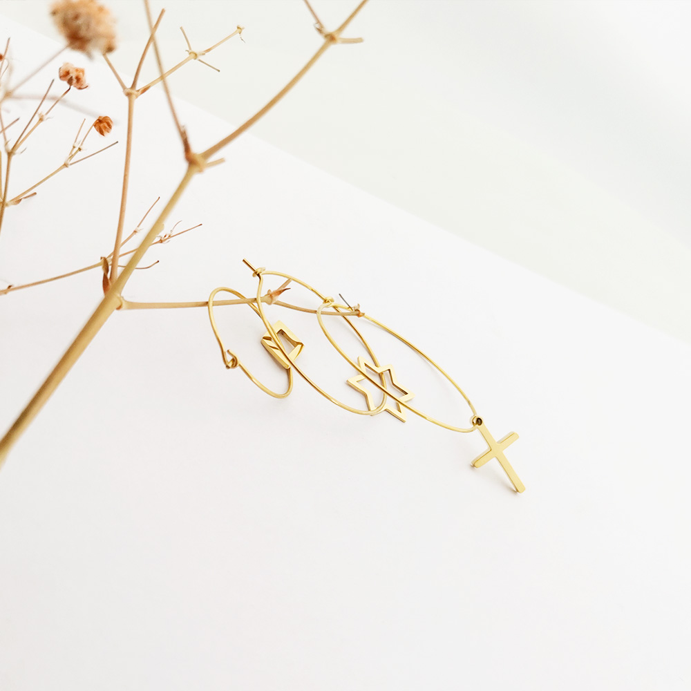 Aretes De Acero Inoxidable Hoop Earring Star And Moon Earrings 18k Gold Plated Jewelry Gold Filled Hollowed Earrings