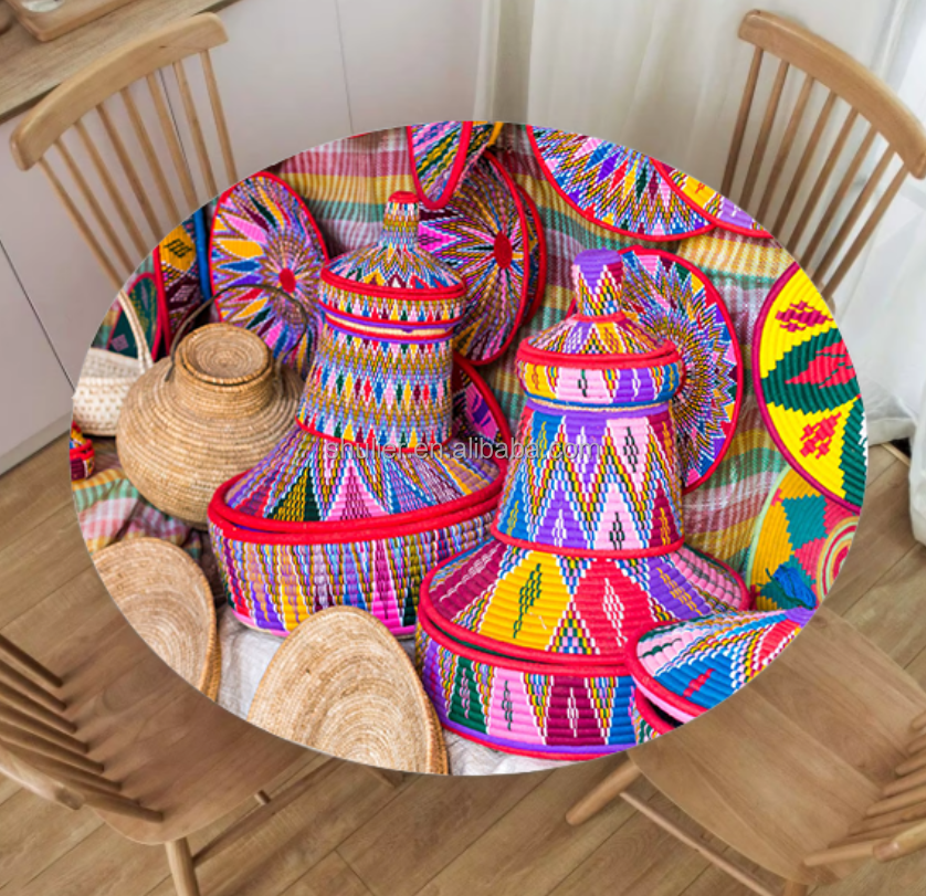 3d print Table Cloth Customized Round Ethiopia Waterproof Customized Photo Text Dining Table Cover for Indoor Outdoor Decor