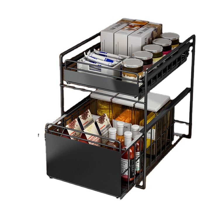 2 Tier Organizer Baskets Stackable Under Sink Storage Drawer for Kitchen and Bathroom Desktop Pull-Out Storage Drawer
