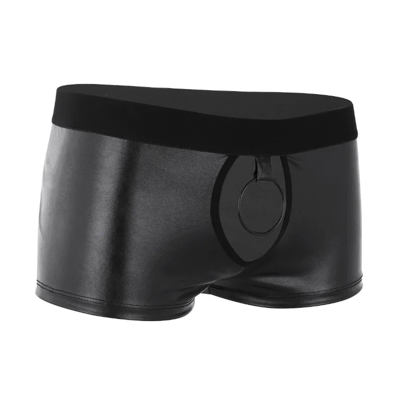 In Stock Mens Erotic Faux Leather Boxer Shorts Low Rise Black Plus Size Pouch Underwear with O-ring