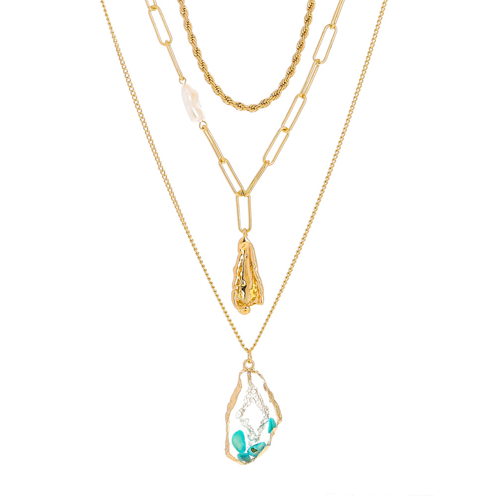 Resin Crystal Stone Rope Chain Chocker Necklace Imitation Baroque Pearl Clip Chain Multi Layer Necklace Jewelry for Women