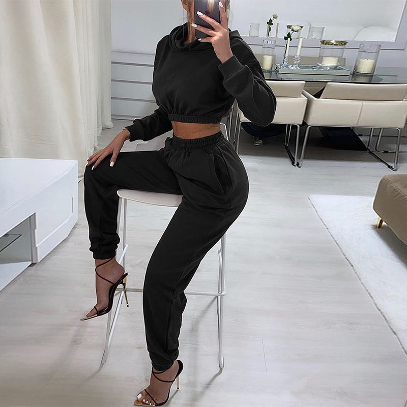 KaiChen Fall Winter 2021 Casual Solid Color Sports Jogger Women Clothes Fleece Hooded Sweatshirt Two Piece Set