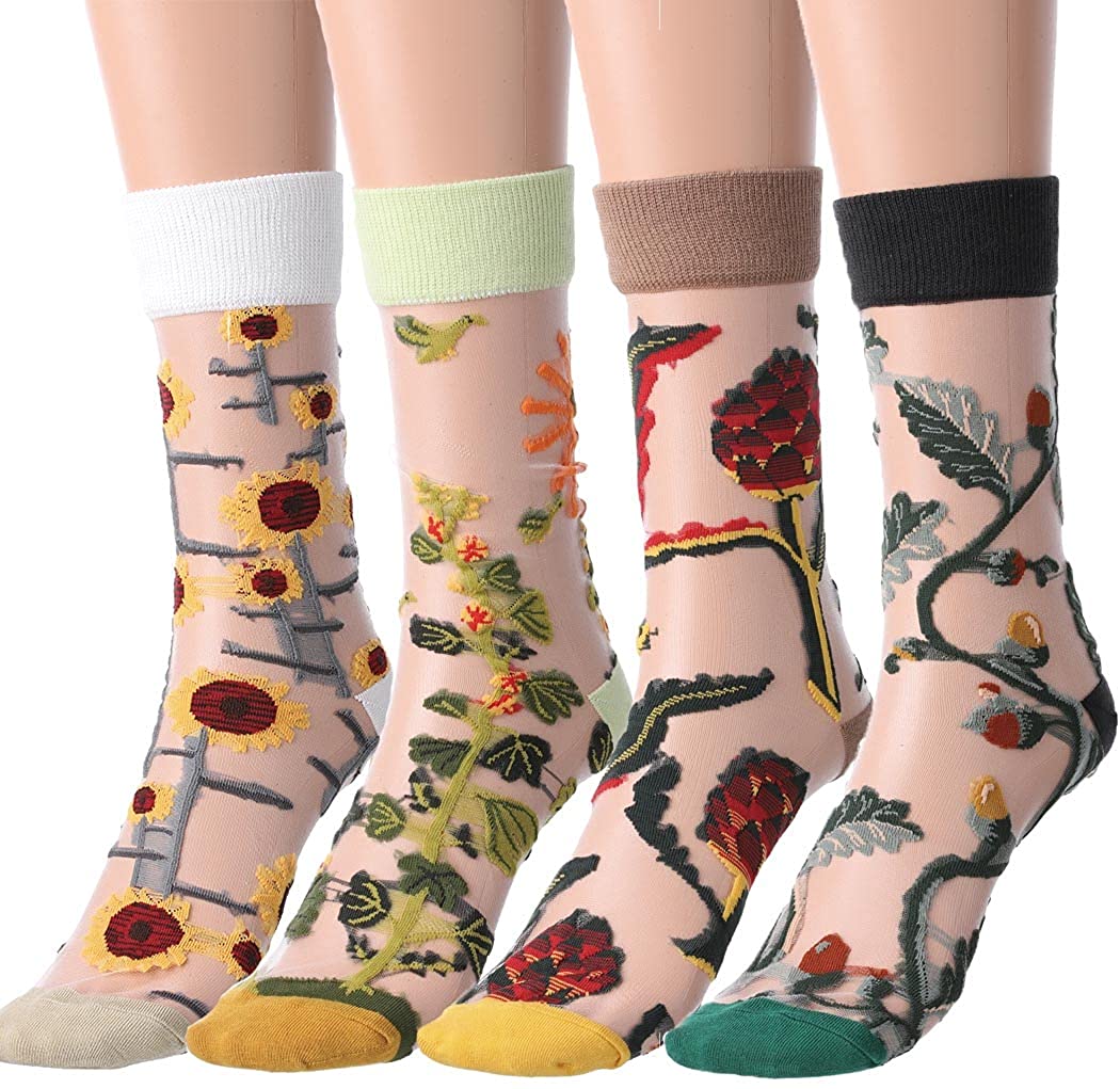 Summer crystal silk glass plant shape lace transparent cotton Elastic sheer sock women lace sock non grip ladies socks cute lace