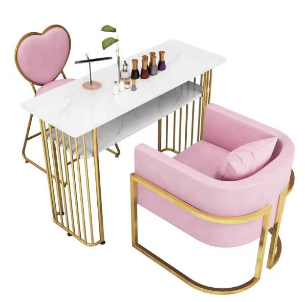 Nail Salon Set Metal Long Tables Vanity Makeup Marble Manicure Furniture Set Nail Table
