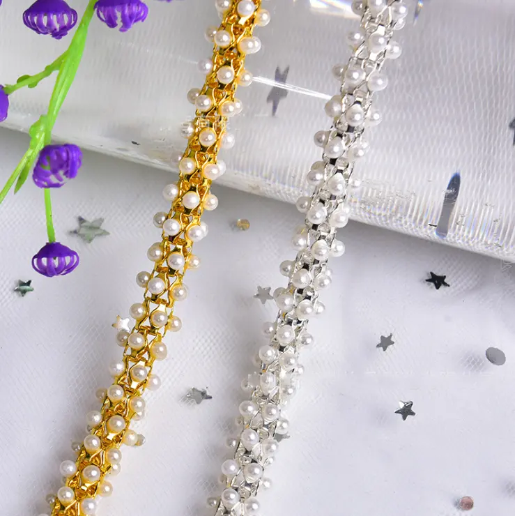 Ivory Pearls Beaded Trim with Rhinestones for Wedding belt, Bridal headband, Gown straps, bridesmaids sash
