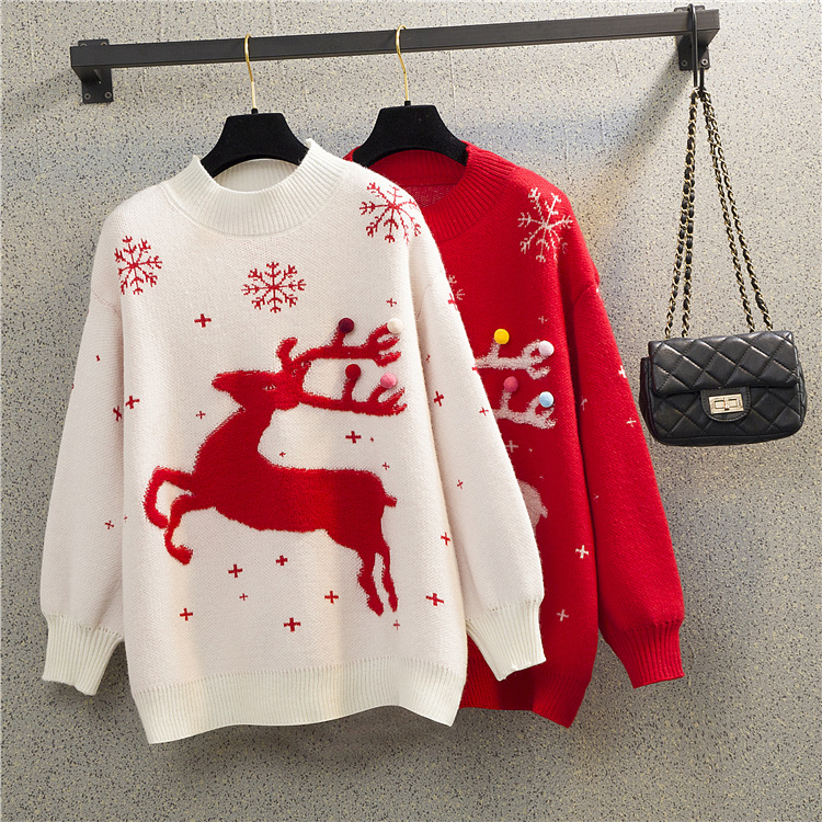 FanLi 2021 Autumn Winter Christmas Jumper Women Holiday Style Snowflake Deer Jacquard Pullover Sweaters