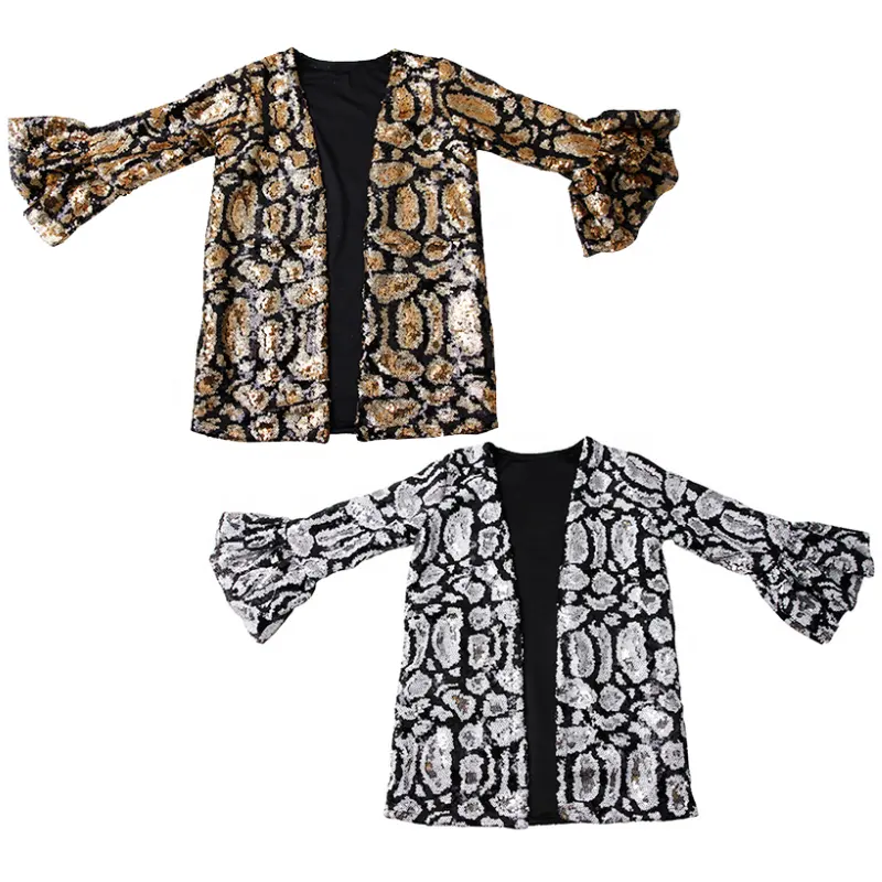 Hot Sale Baby Girls Long Ruffle Sleeve Cardigan Fall Winter Kids Leopard Gold Silver Sequins Jacket Coat
