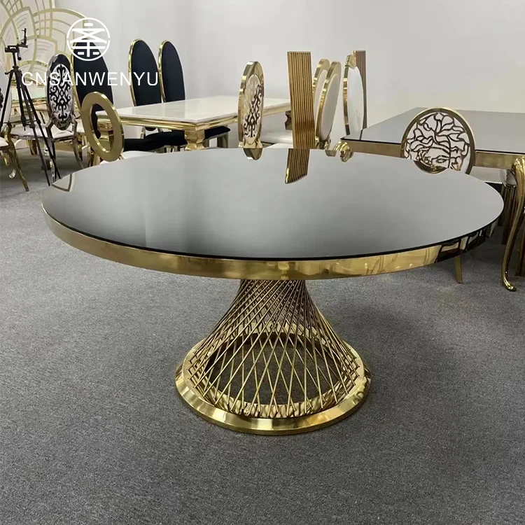 Modern Glass Round Dining Table with Stainless Steel Metal Base - Latest Wedding Furniture for Banquet Events