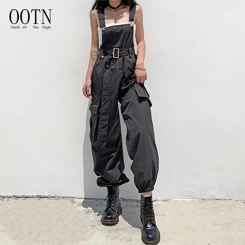 OOTN уличная одежда, повседневные свободные женские комбинезоны, однотонные черные спортивные брюки в стиле сафари, новинка 2021, комбинезон-карго для женщин