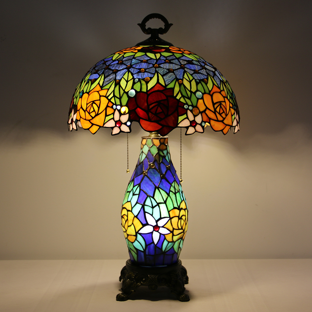LongHuiJing 16Inch Wide Flowers Stained Glass Handcrafted Table Desk Lamp Resin material stand base lamps