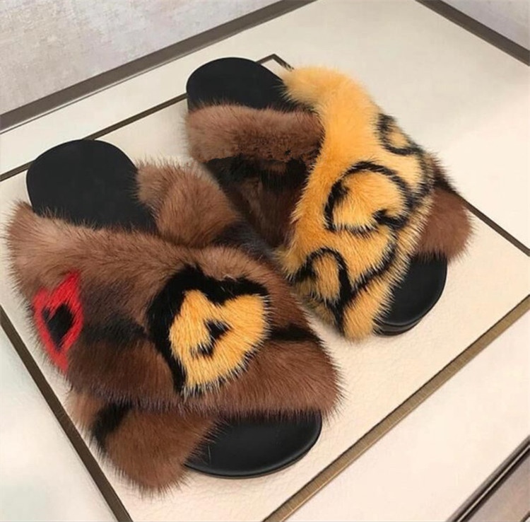 Women's Fashion Soft Indoor Home Fluffy Fuzzy Mink Slippers Real Fur Cross Open Toe Fur Slides
