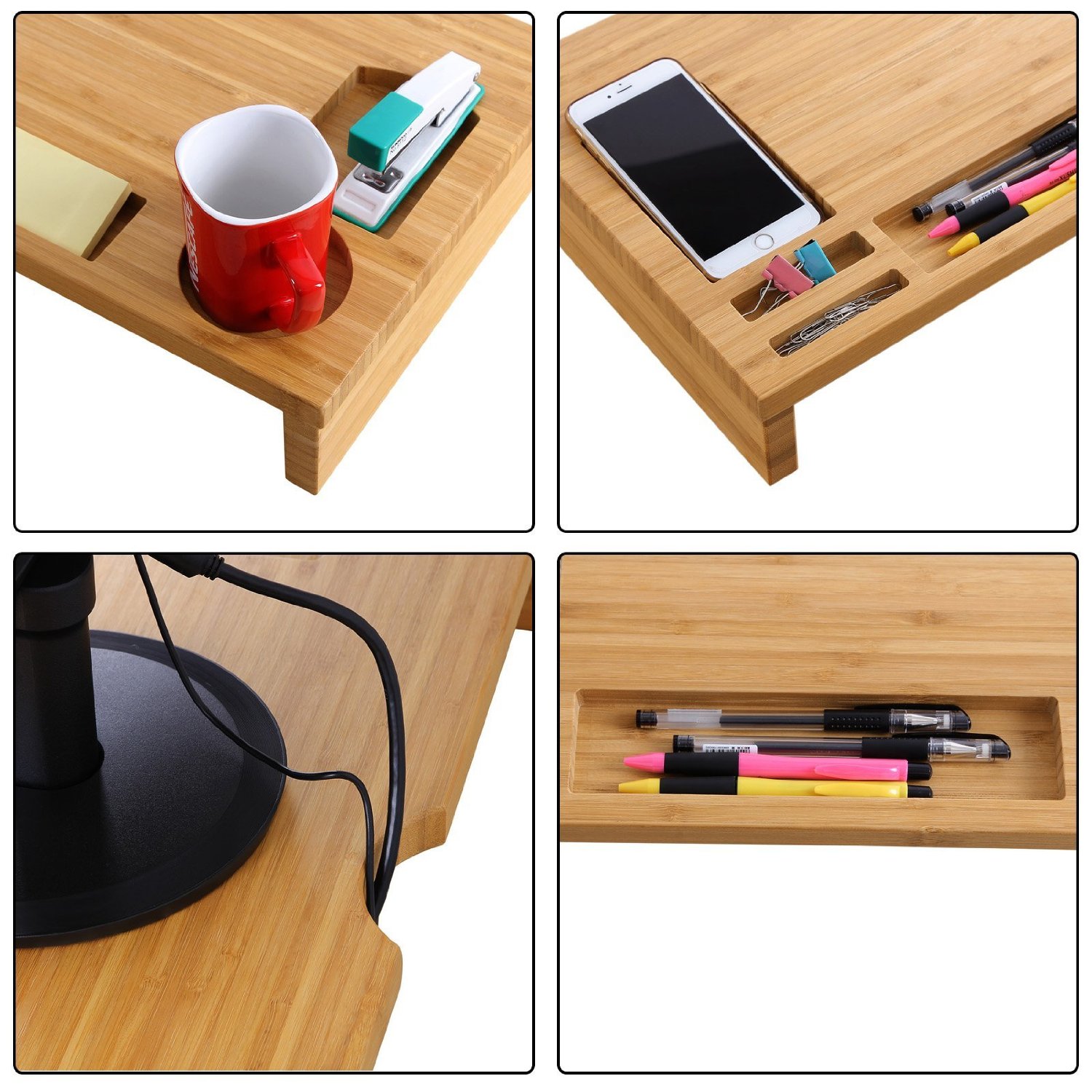Desktop Wood Bamboo Stand monitor Riser with Storage Organizer