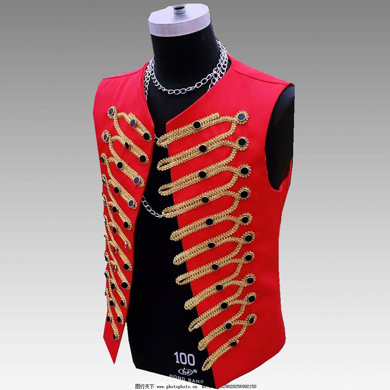 Wholesale Europe style Clothing DJ NightClub Men Jacket Gold Line Red Sleeveless Coat For Stage Party Costume