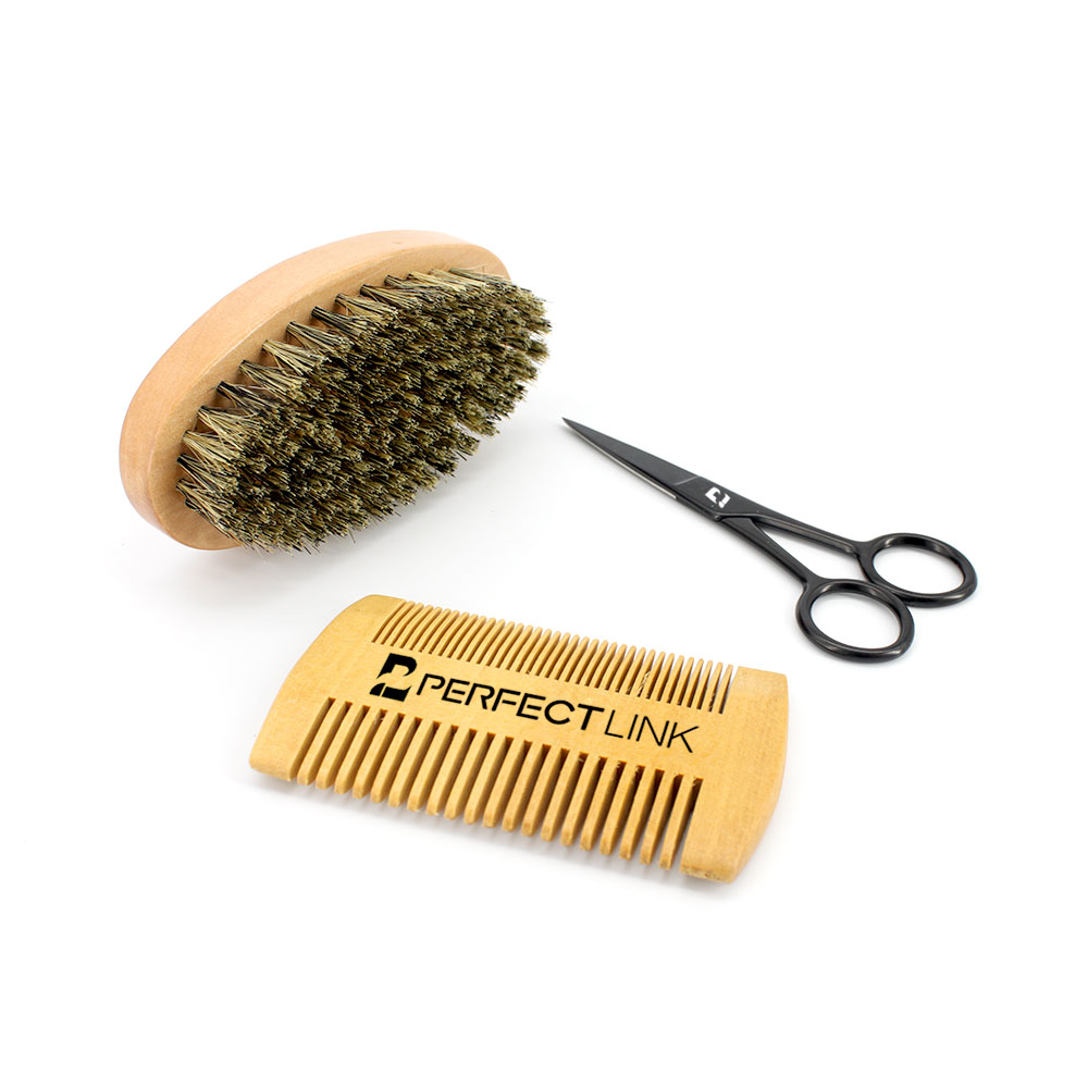 Men's Beard Care Custom Logo Barber Shear Beard Brush Wooden Comb Beard Grooming Kit