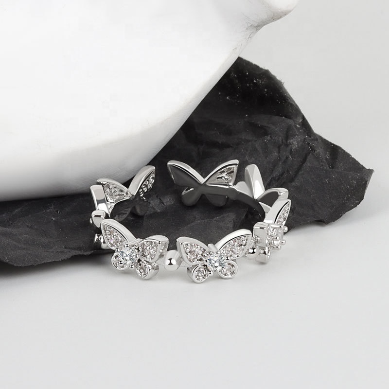 VEROMCA Micro Pave Copper Butterfly Ring Female Simple Personality Diamond Open Ring