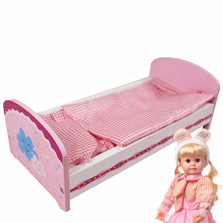 Cheap price children girls lovely doll bed toy pink wooden doll furniture