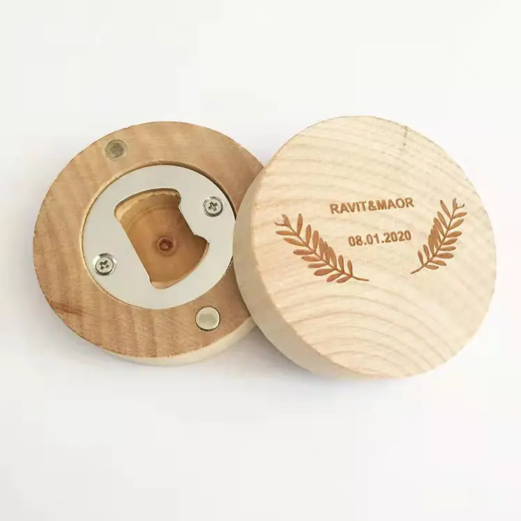 Custom Design Personalized Round Fridge Magnet Wooden Beer Bottle Opener