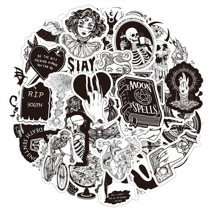 50pcs Black And White Punk Style Gothic Graffiti Decorative Stickers For Bottle Laptop Vinyl Skeleton Sticker