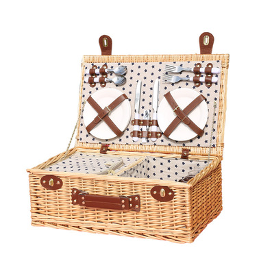 Willow Picnic Basket Set for 4 Person with Large Insulated Cooler Bag and Classical Cutlery Service Kit Wicker Picknick Basket