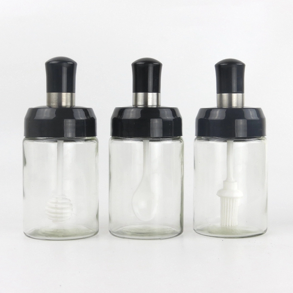 250ml*3pcs Full Set Salt Pepper Herb Spice Seasoning Bottle Jar Tools Container with Moisture-Proof Lid of Spoon Honey Brush