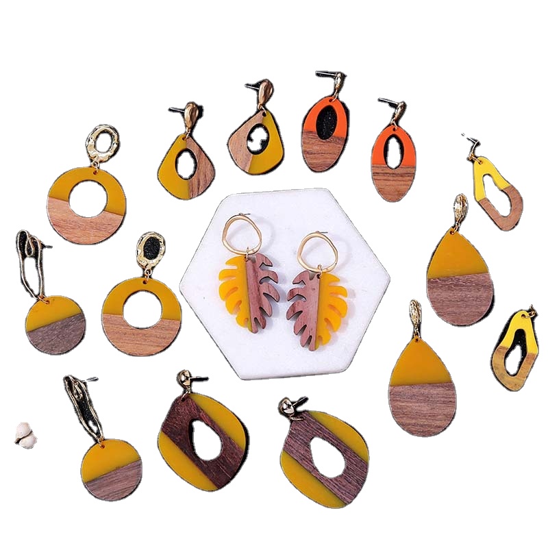 Geometric wooden acrylic round leaf resin earrings jewelry