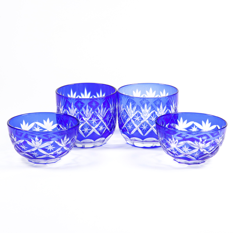 Hand Cut Kiriko Blue Shot Glasses Shochu Sake Whiskey Glass Tumbler Handcraft Set of 2 pieces