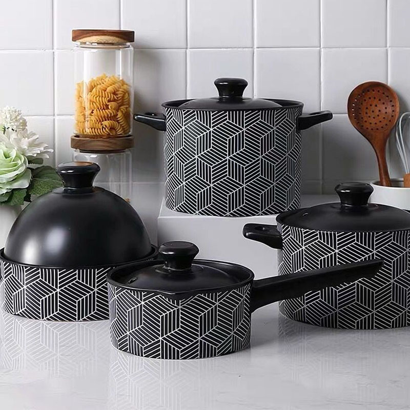 New Design Geometric Pattern Top Quality 4pc Non-stick Ceramic Soup Pot Custom Logo Milk Pan Pot With Lid