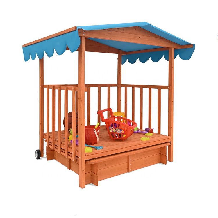 Outdoor Garden Playground Toys Kids Wooden Sandbox Bench With Canopy Roof Cover