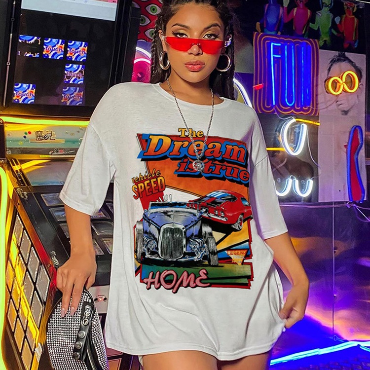 Summer Casual white Oversized Graphic Printing Short Sleeve Women T Shirt Fashion Plus size o-neck 3d cartoon car print T-Shirts