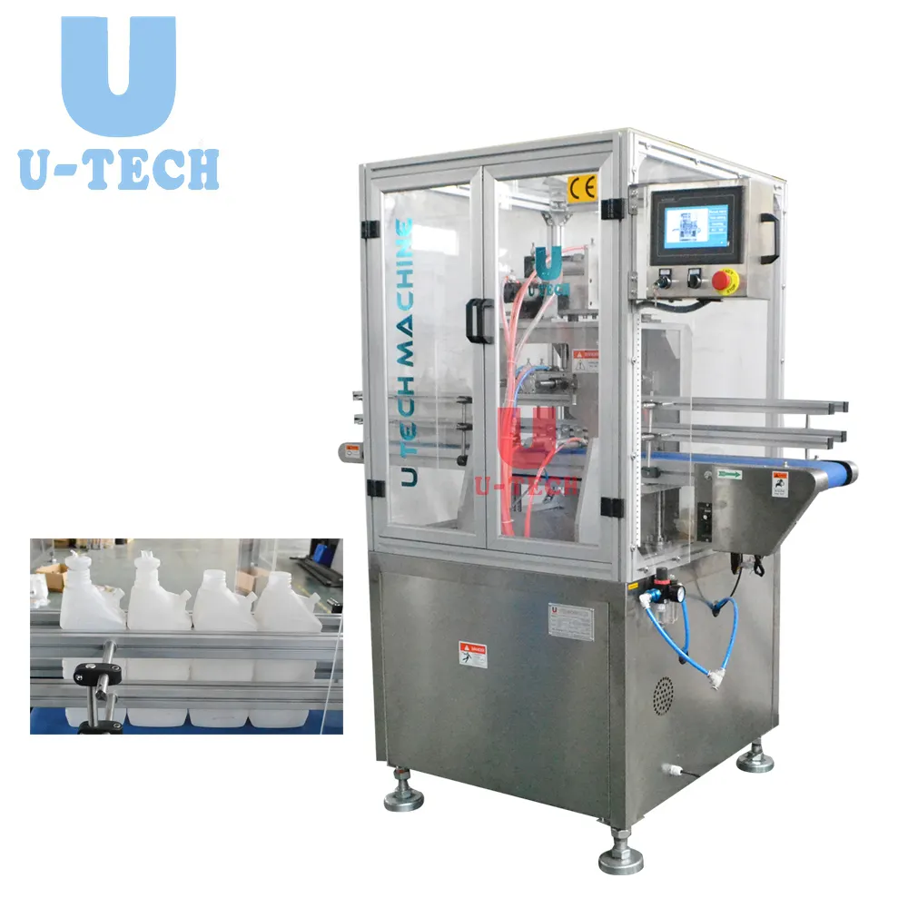 U tech full automatic high speed bottle neck cutting and trimming machine for beverage medicine pesticide plastic bottle