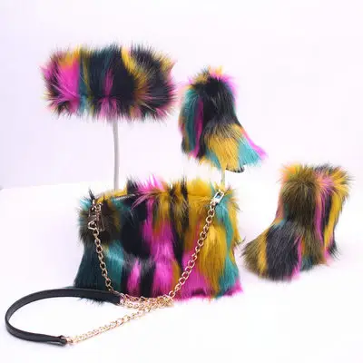 2020 New Fashion Set With Bag headband Girl Furry Faux Fur Winter Snow Ankle Boots for women