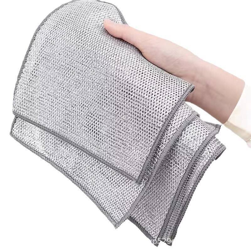 Silver Wire Double Layer Scrubbing Dish Cloth Kitchen Dish Rag Towel Household Non-scratch Dishwashing Cloth