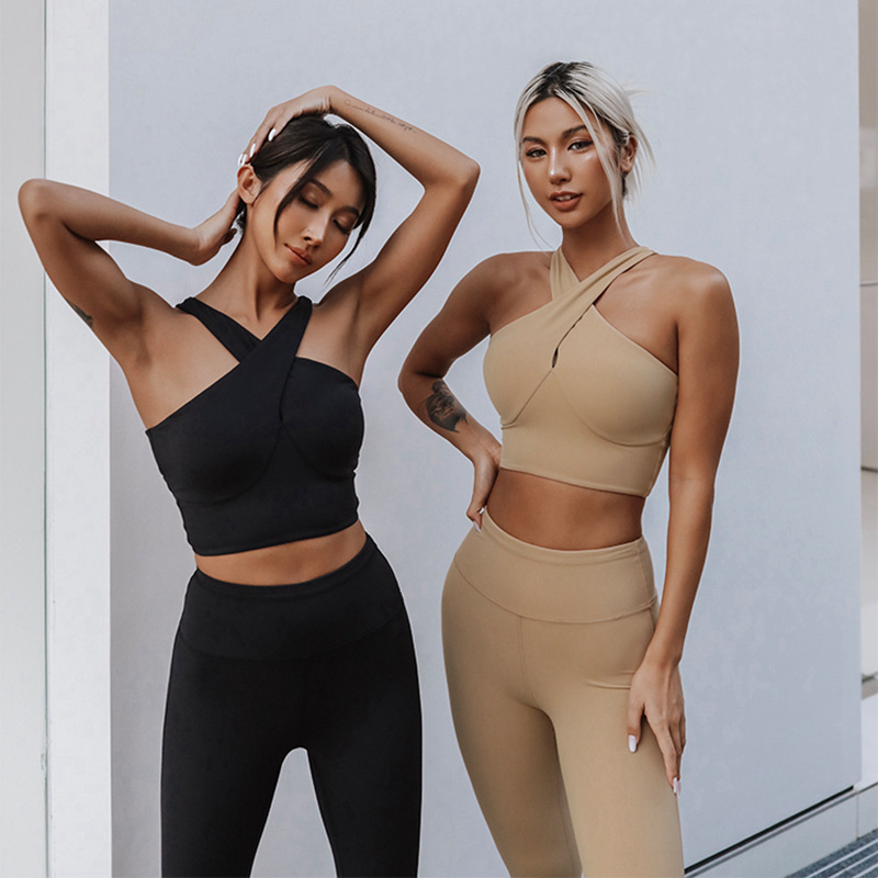 Yoga wear vest sports bra women gathered shockproof breasts cross sling fitness clothes