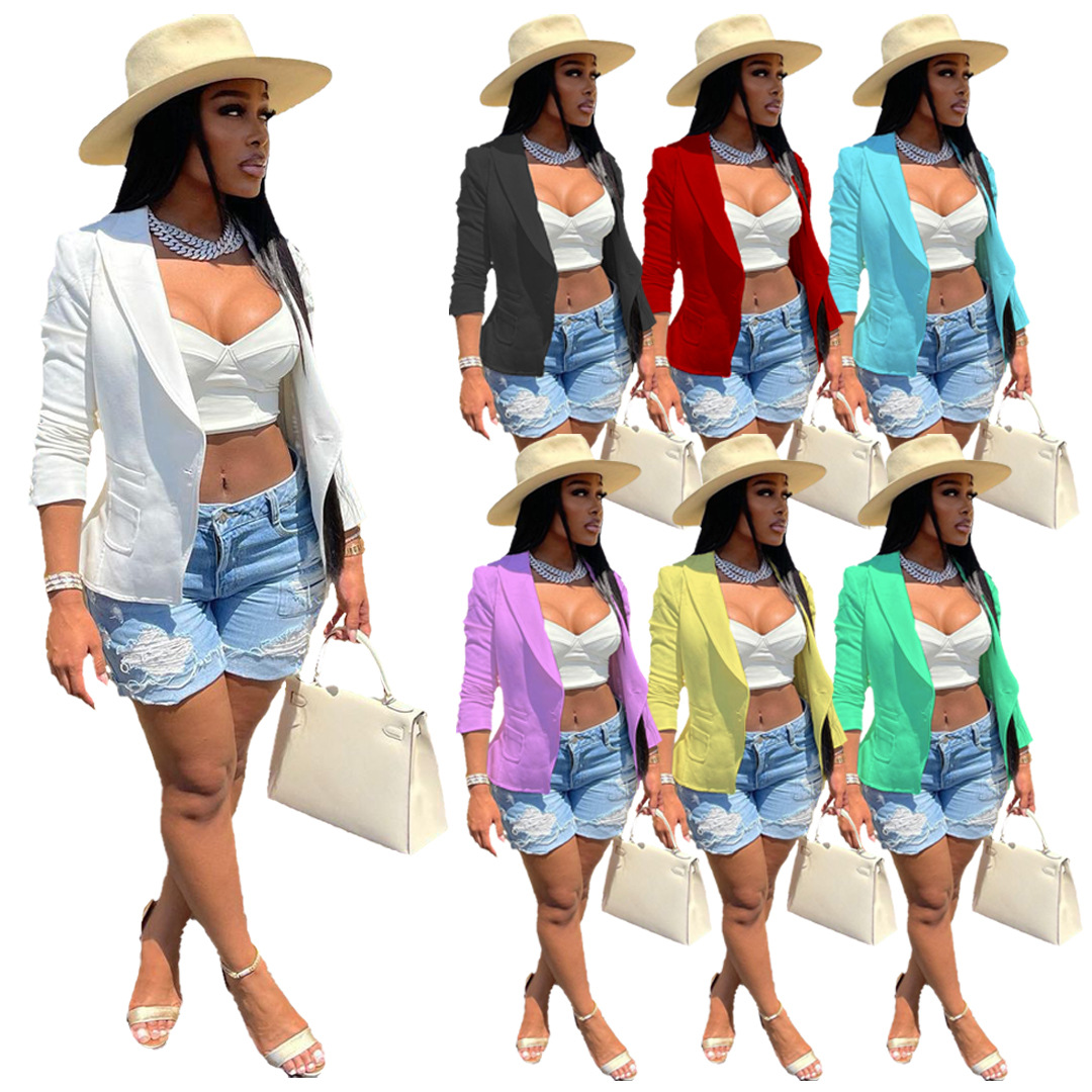 Elegant Solid Color Pockets Button Blazer Office Blazer for Women Ladies Blazers and Coats