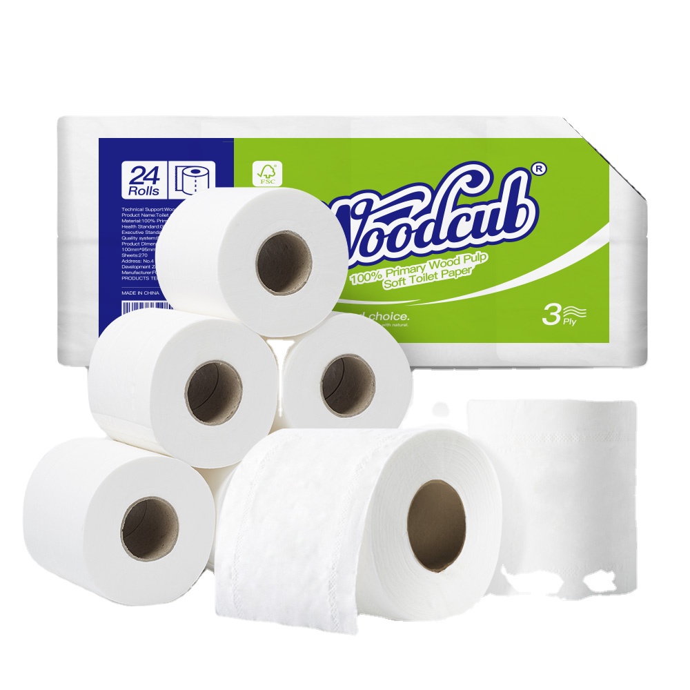 Toilet Paper 24 Rolls 3 Layers 100% Wood Pulp Woodcub Tissue Suitable for Family and Hotels