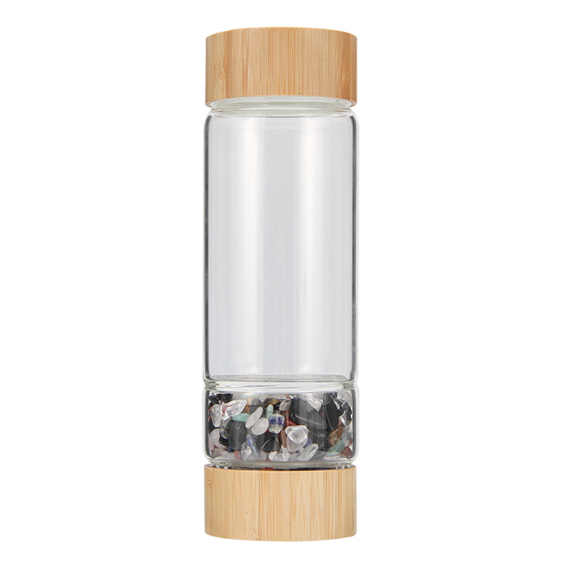 stainless steel filter sports bamboo lid glass water bottle with Nature Crystal Stone