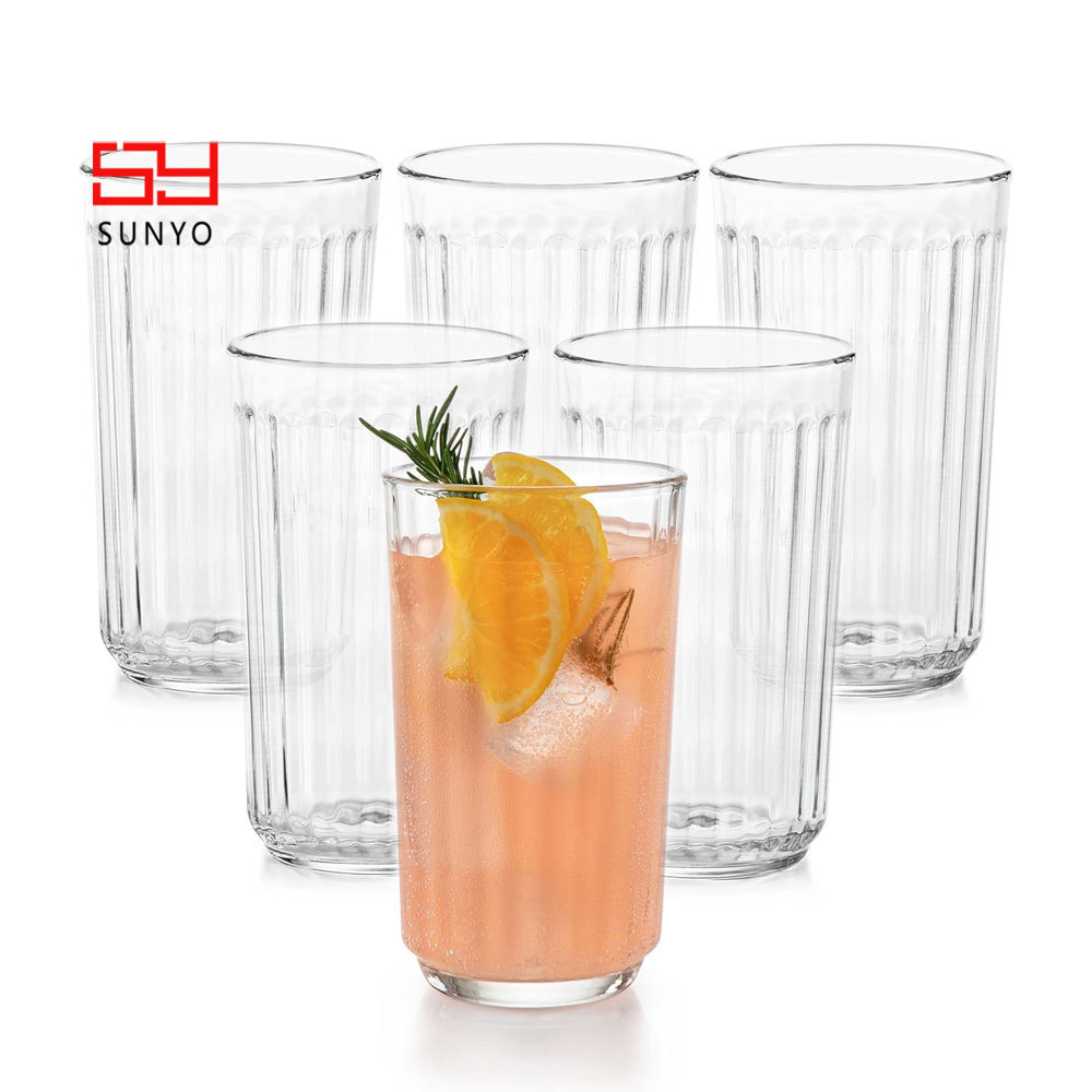 SUNYO Highball Glasses 17 Oz Fine Ribbed Line Whiskey Glasses Set Dishwasher Safe Highball Champagne Glasses for Juice Iced Tea